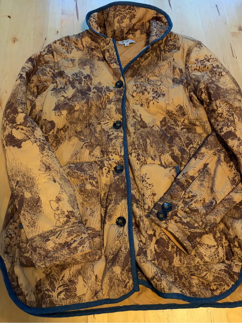 Polagram Quilted Hooded Jacket in Mustard with Brown Scenic Print